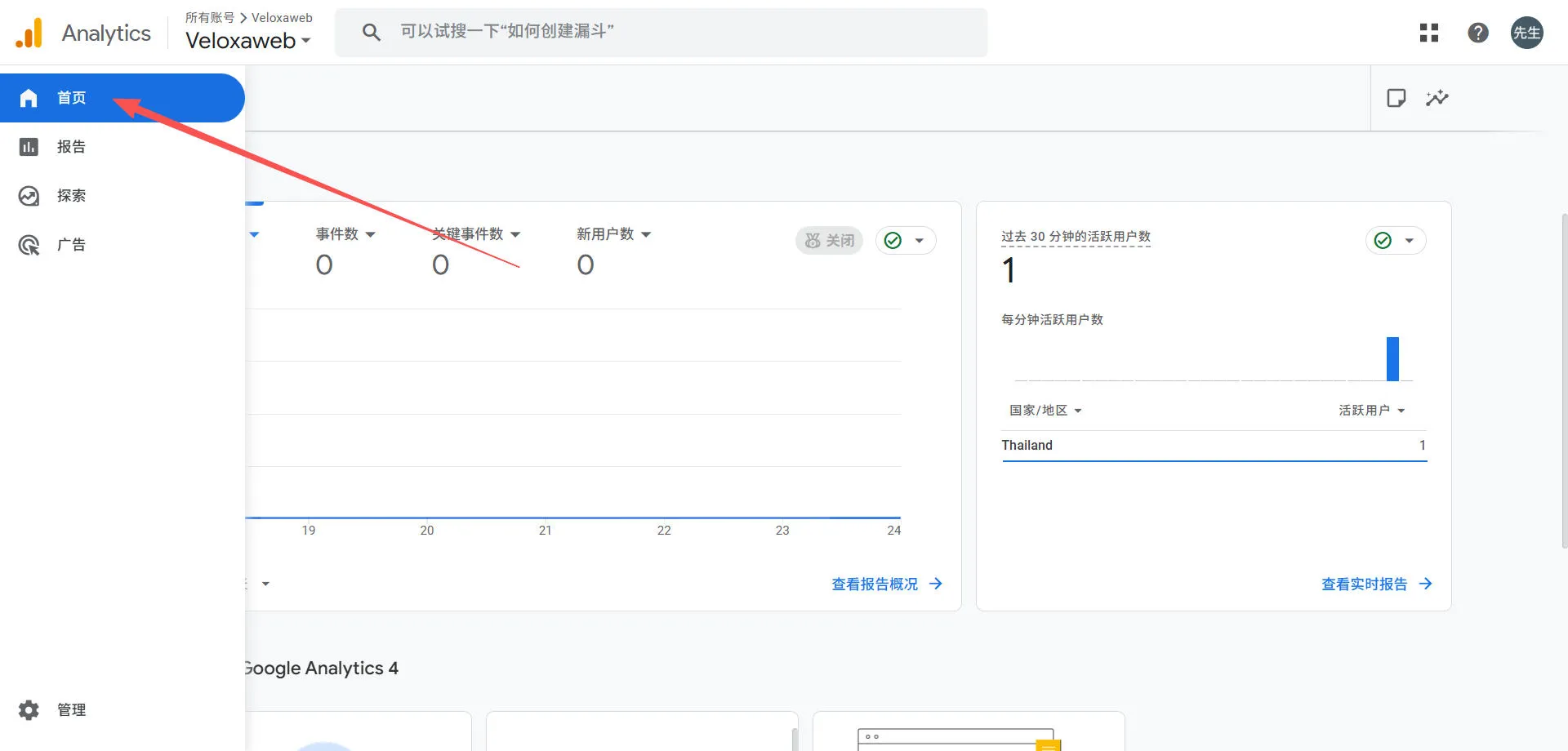 在 Google Analytics 点击首页查看数据以确认安装