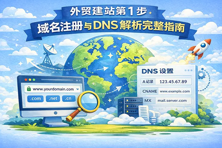 外贸网站域名注册与DNS解析示意图