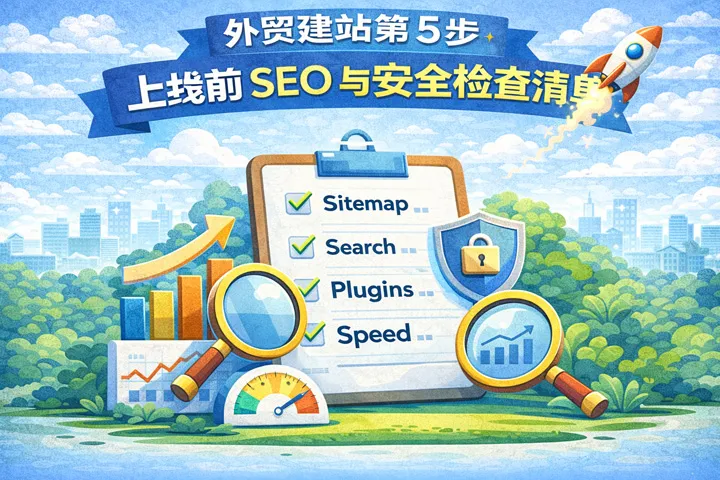 外贸网站上线前SEO与安全检查流程示意图