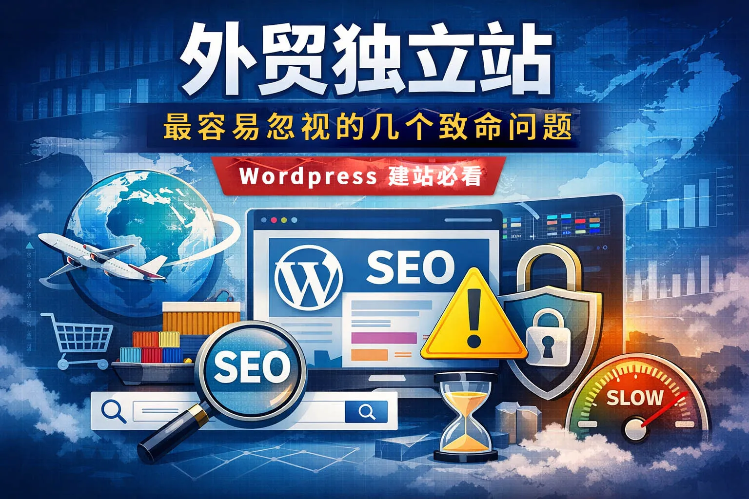 外贸独立站常见致命问题示意图，展示 WordPress 建站中 SEO、安全与性能风险