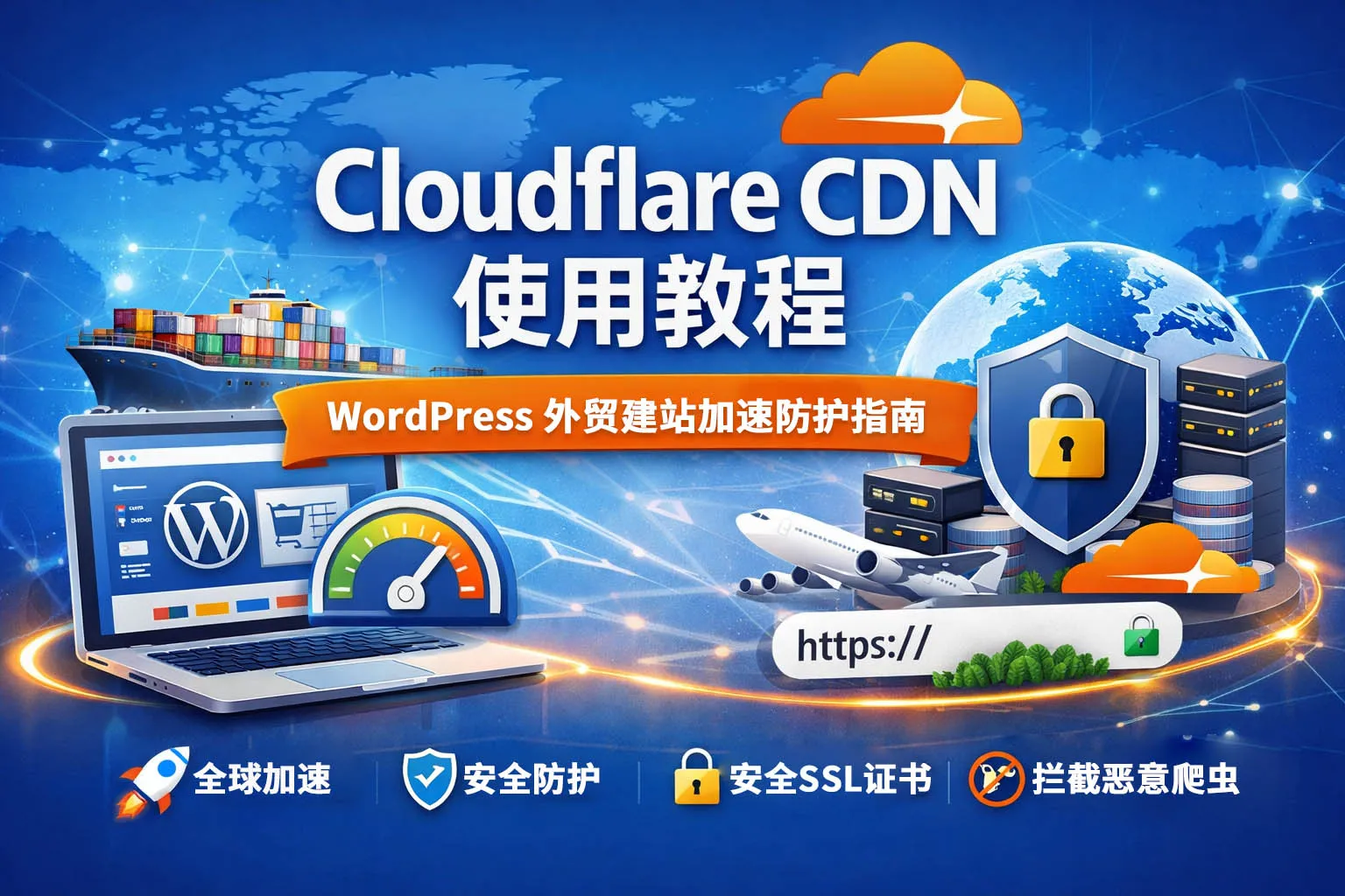 Cloudflare CDN 使用教程主图，展示 WordPress 外贸网站的全球加速、安全防护和 HTTPS 配置